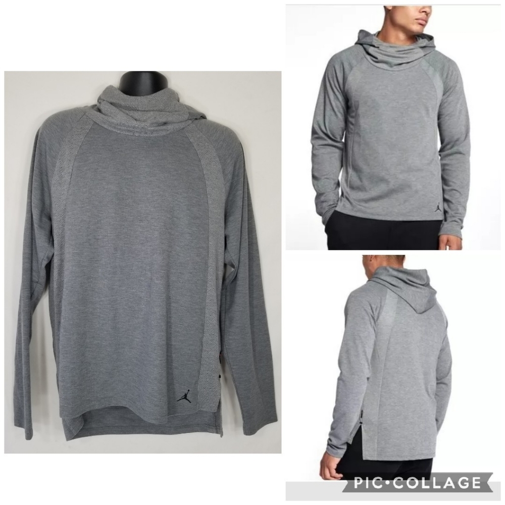 Men Air Jordan 884027 Tech PO Carbon Heather Grey Cowl Neck Hoodie Long Sleeve L